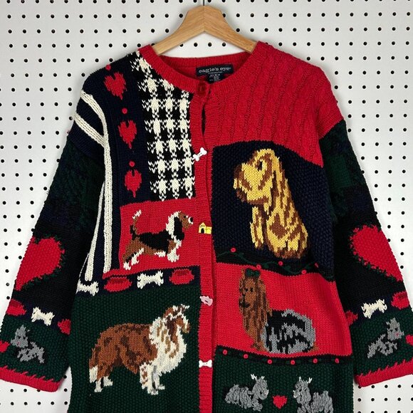 Eagle's Eye Knit Dog Cardigan Sweater Medium Vintage 90s Red Grandma Puppy Ramie - Picture 2 of 6